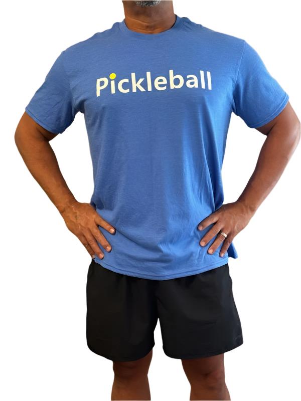 blue short sleeve t shirt with pickleball on it in white letters